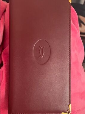 Authentic Cartier Burgundy Leather Long Wallet with Gold Corners